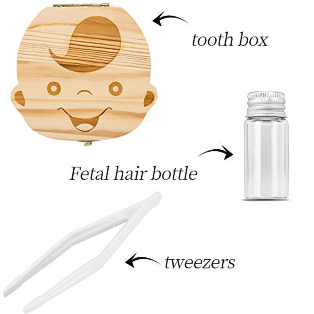 Wooden baby tooth box set with tweezers, keepsake organizer for baby teeth, cute kids' dental storage from Everything Baby.
