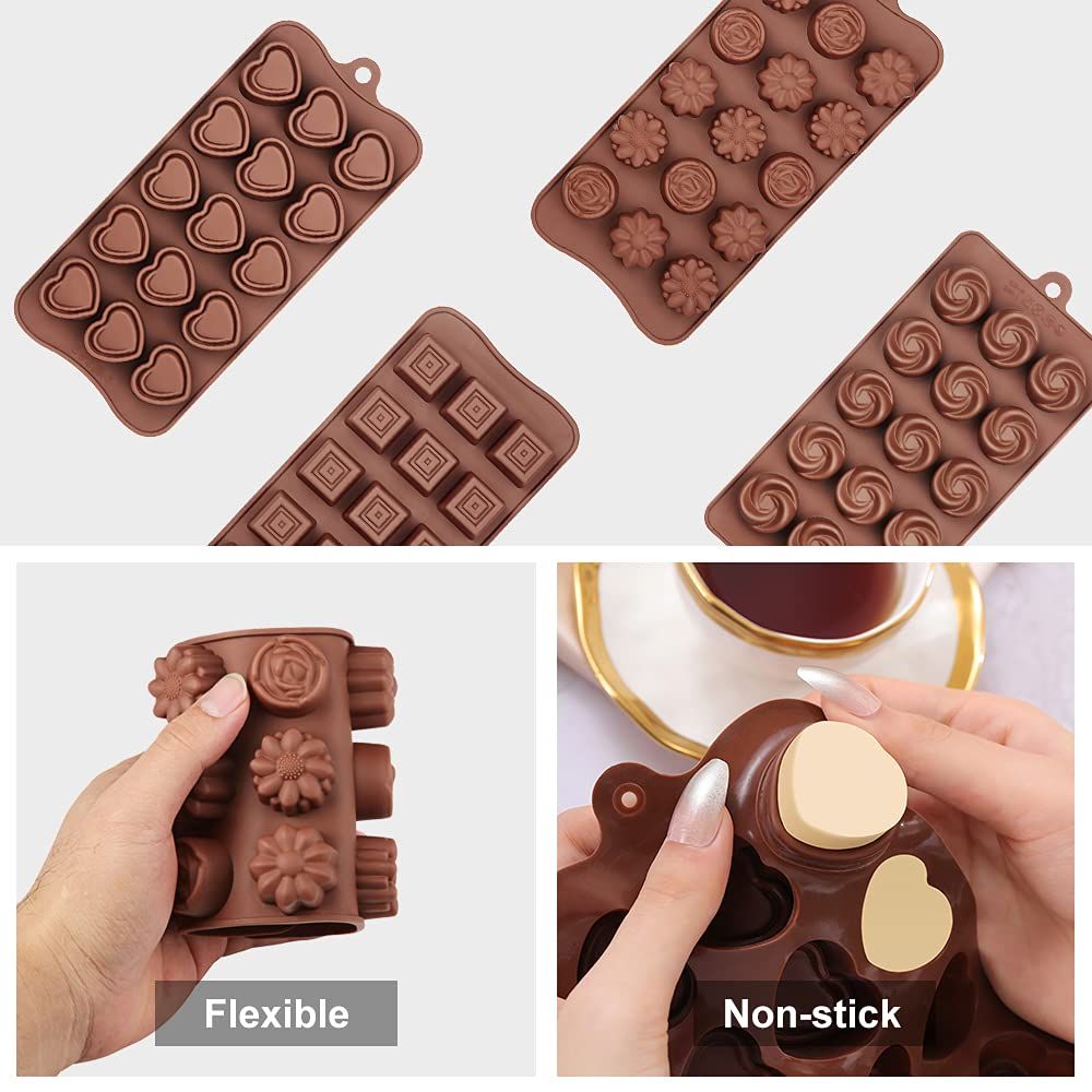 Four packs of Everything Baby silicone molds for chocolate, candy, and butter with various shapes, food-grade and non-stick.