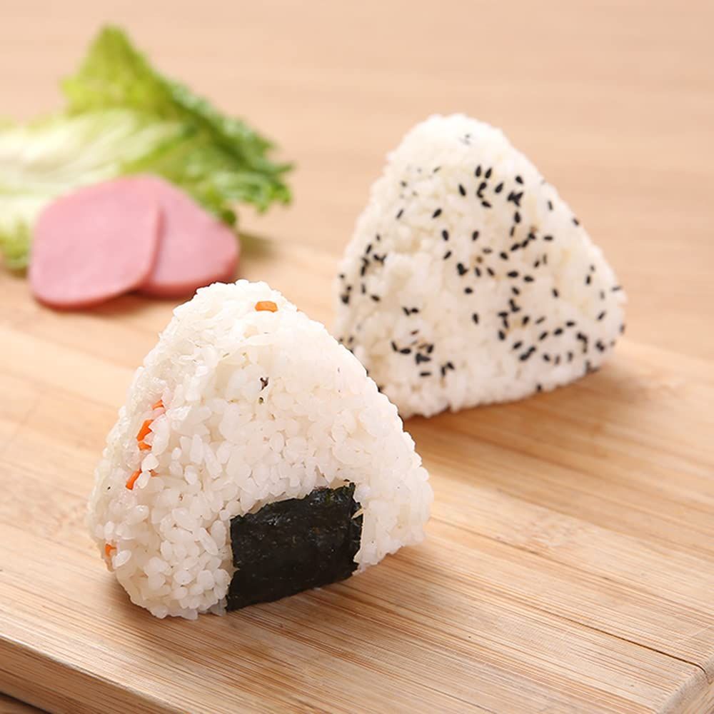 Non-stick triangle sushi press mold by Everything Baby for making rice balls, ideal for bento and pretend play.