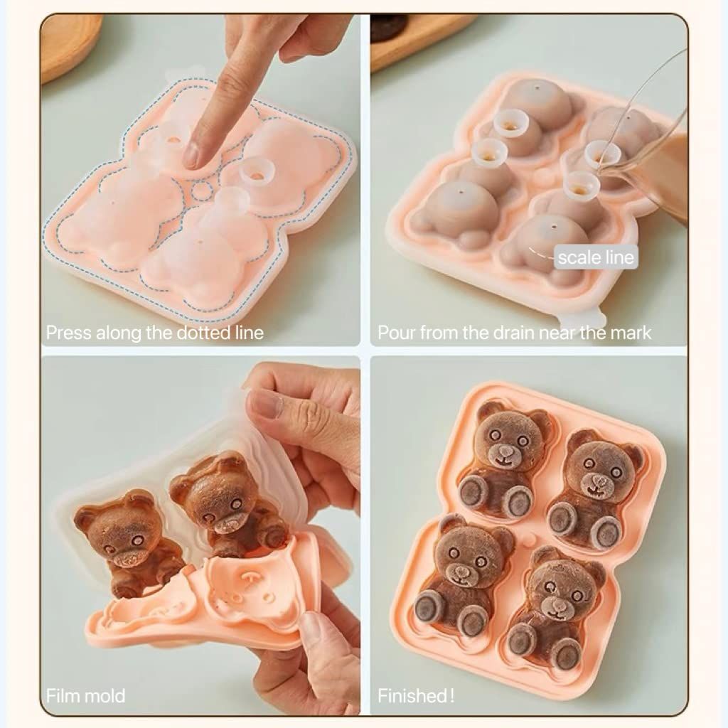 Cute silicone bear ice mold with cartoon shapes, reusable for coffee, whiskey, cocktails, and wine.