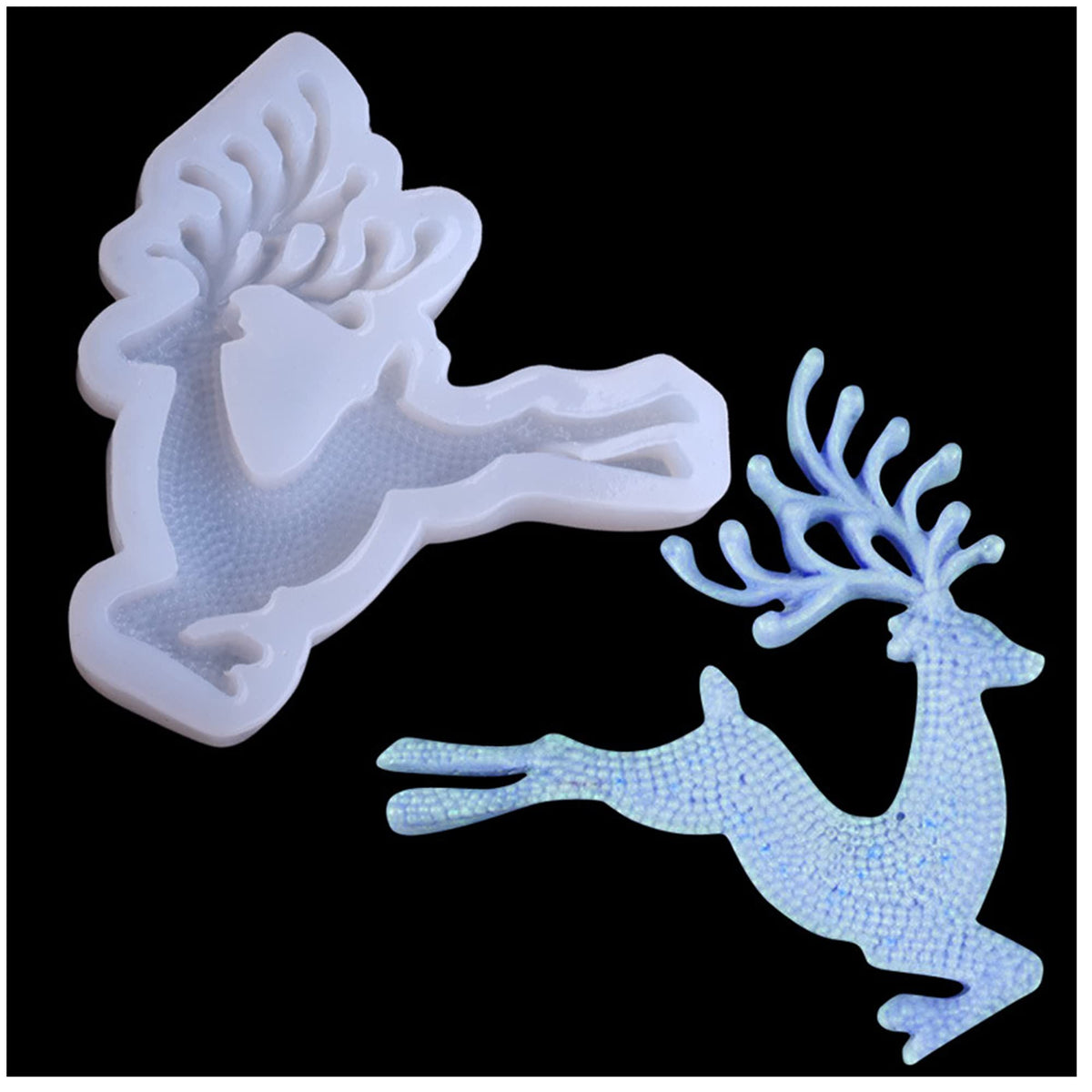 Silicone reindeer-shaped Christmas candy and chocolate mold for baking and crafting, suitable for festive treats and decorations.