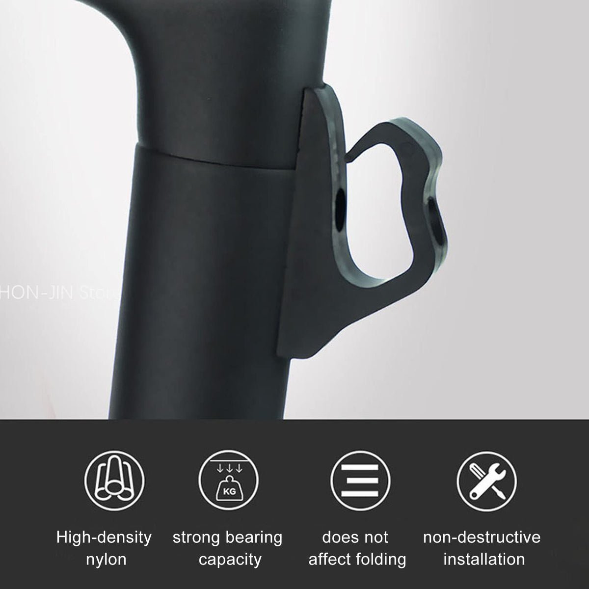 Black high-density electric scooter front hook by Everything Baby, waterproof nylon, strong load capacity, ideal for outdoor riding.