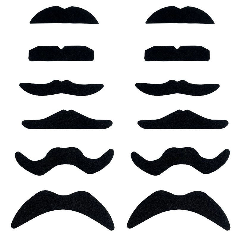 Pack of 12 novelty fake mustaches for kids and adults, perfect for parties, dress-up, and fun events.