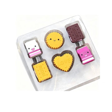 Six colorful Kawai milk cookie eraser set in a box, cute stationeries for kids, ideal as creative school gift by Everything Baby.