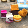 Six colorful Kawai milk cookie eraser set in a box, cute stationery for kids and students, creative gift for children.