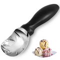 Black stainless steel ice cream scoop with comfortable grip handle, designed for easy scooping and perfect shape servings.