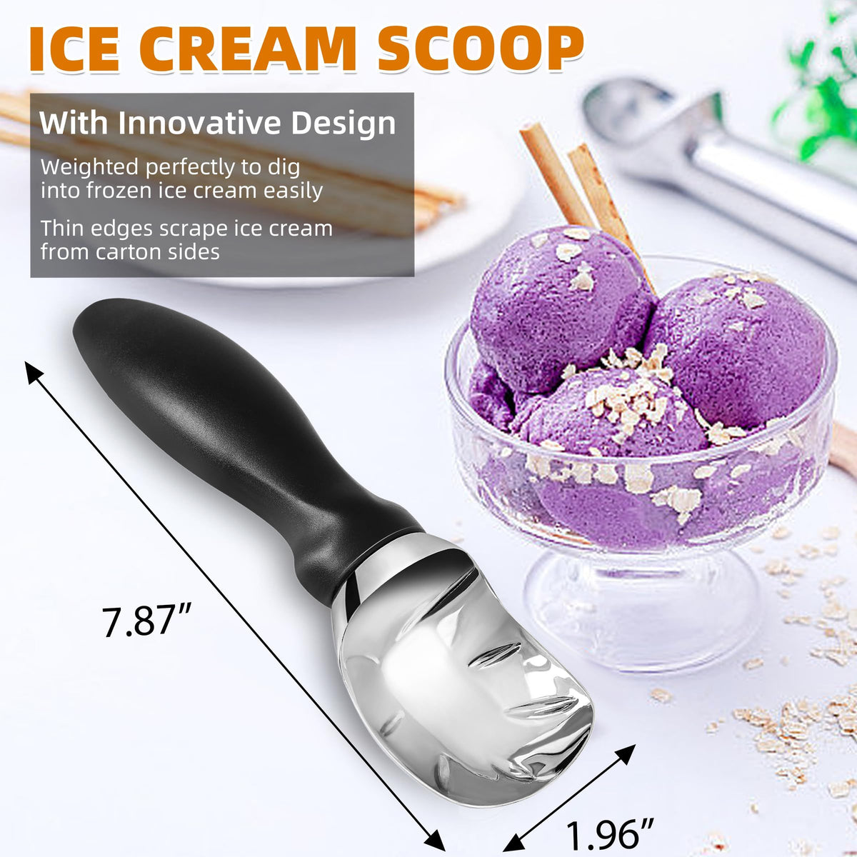 Black stainless steel ice cream scoop with comfortable grip handle, heavy-duty design, perfect shape for serving ice cream.