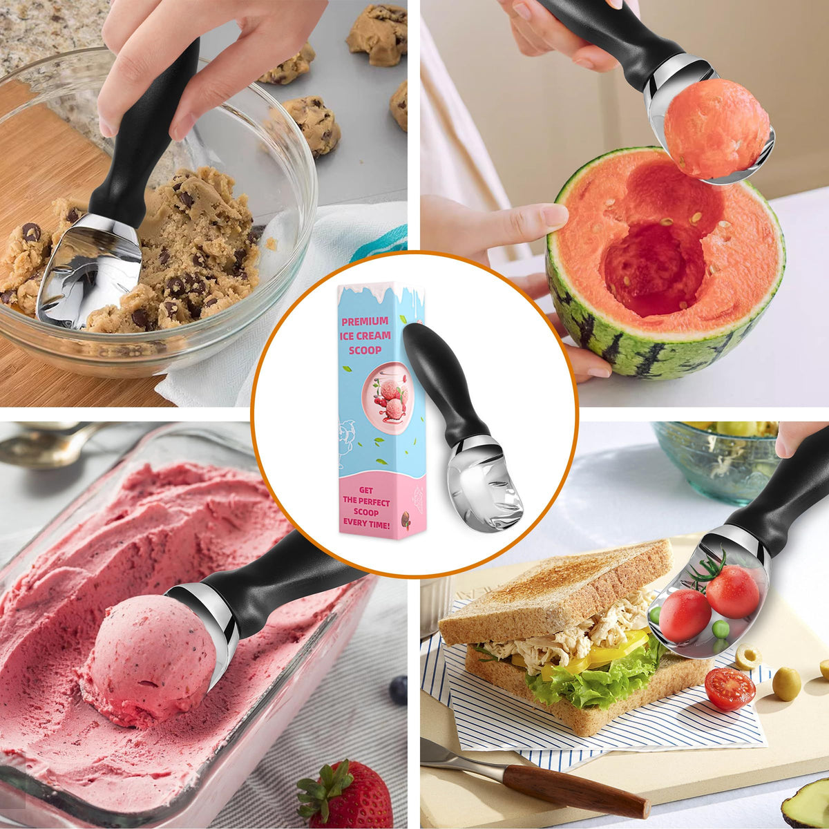 Black stainless steel ice cream scoop with comfortable grip handle, perfect for serving frozen desserts and ice cream.