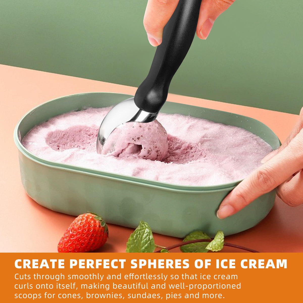 Black ice cream scoop with comfortable grip handle, heavy-duty stainless steel, perfect shape for serving ice cream.