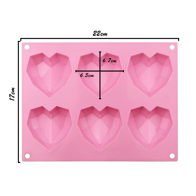Silicone 3D diamond heart mold with 6 cavities for chocolates and mousse, easy to demold, ideal for baking and dessert making