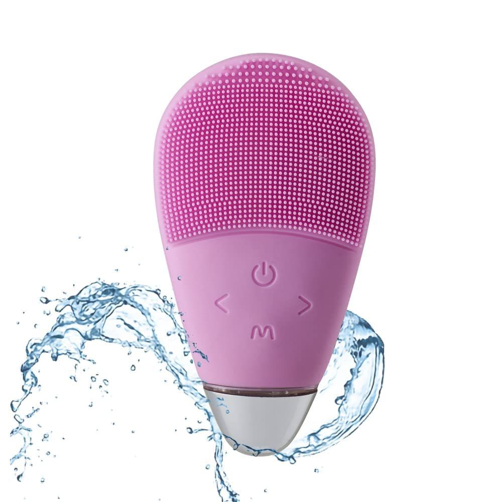 Pink facial cleansing massager brush from Everything Baby with soft silicone bristles, waterproof rechargeable face massager for gentle skin care.