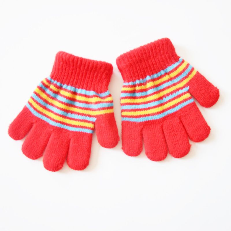 Three pairs of striped knitted baby winter gloves for boys and girls, toddler age 1-5, by Everything Baby.