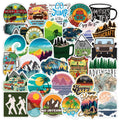 Set of 50 waterproof vinyl outdoor adventure stickers featuring wilderness, nature, hiking, and camping designs for water bottles.