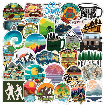 Set of 50 waterproof vinyl outdoor adventure stickers featuring wilderness, nature, hiking, and camping designs for water bottles.