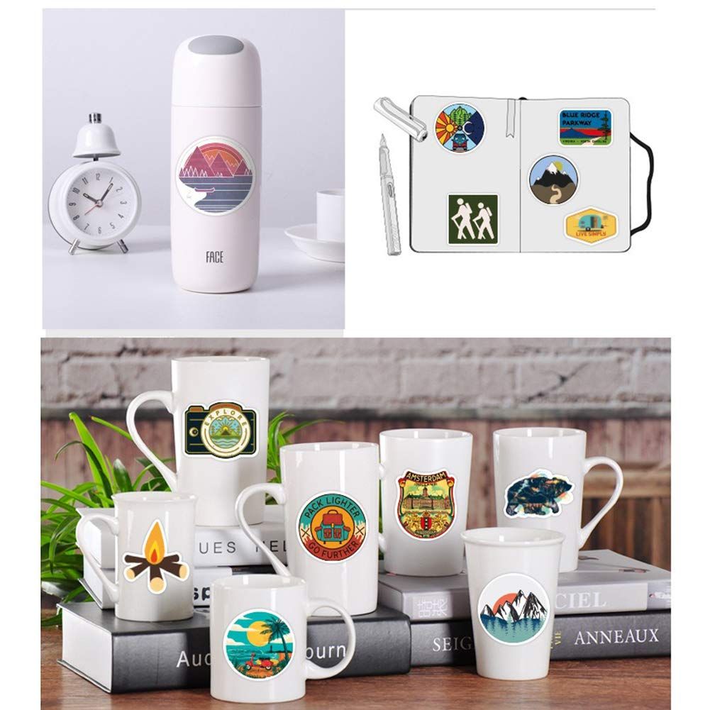 Set of 50 waterproof outdoor adventure stickers featuring wilderness, nature, hiking, camping, and travel designs for water bottles.
