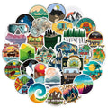 Set of 50 waterproof vinyl outdoor adventure stickers featuring wilderness, nature, hiking, camping, and travel designs for water bottles