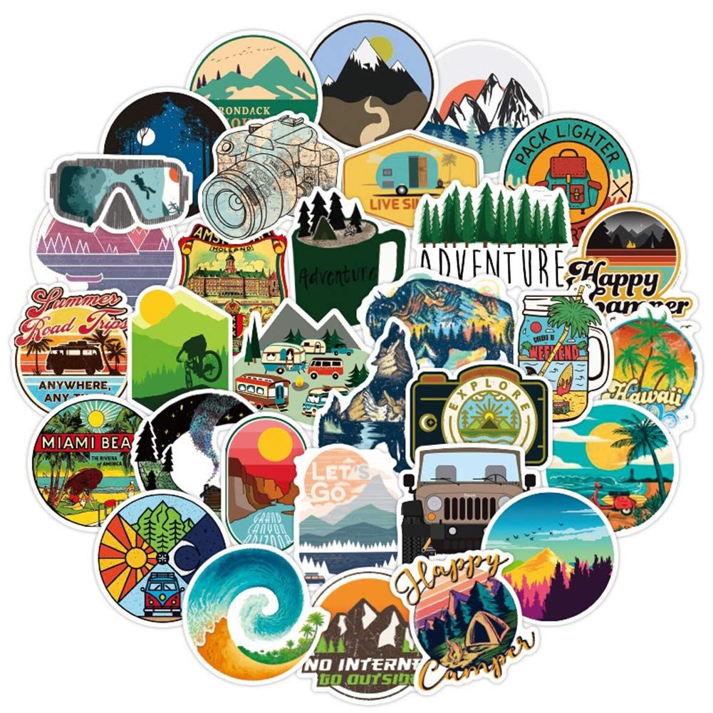 Set of 50 waterproof vinyl outdoor adventure stickers featuring wilderness, nature, hiking, camping, and travel designs for water bottles