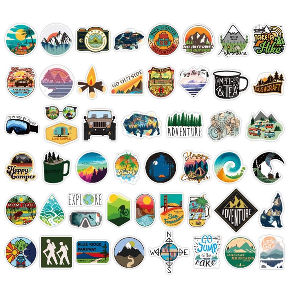 Set of 50 waterproof outdoor adventure stickers featuring wilderness, nature, hiking, camping, and travel designs for water bottles.