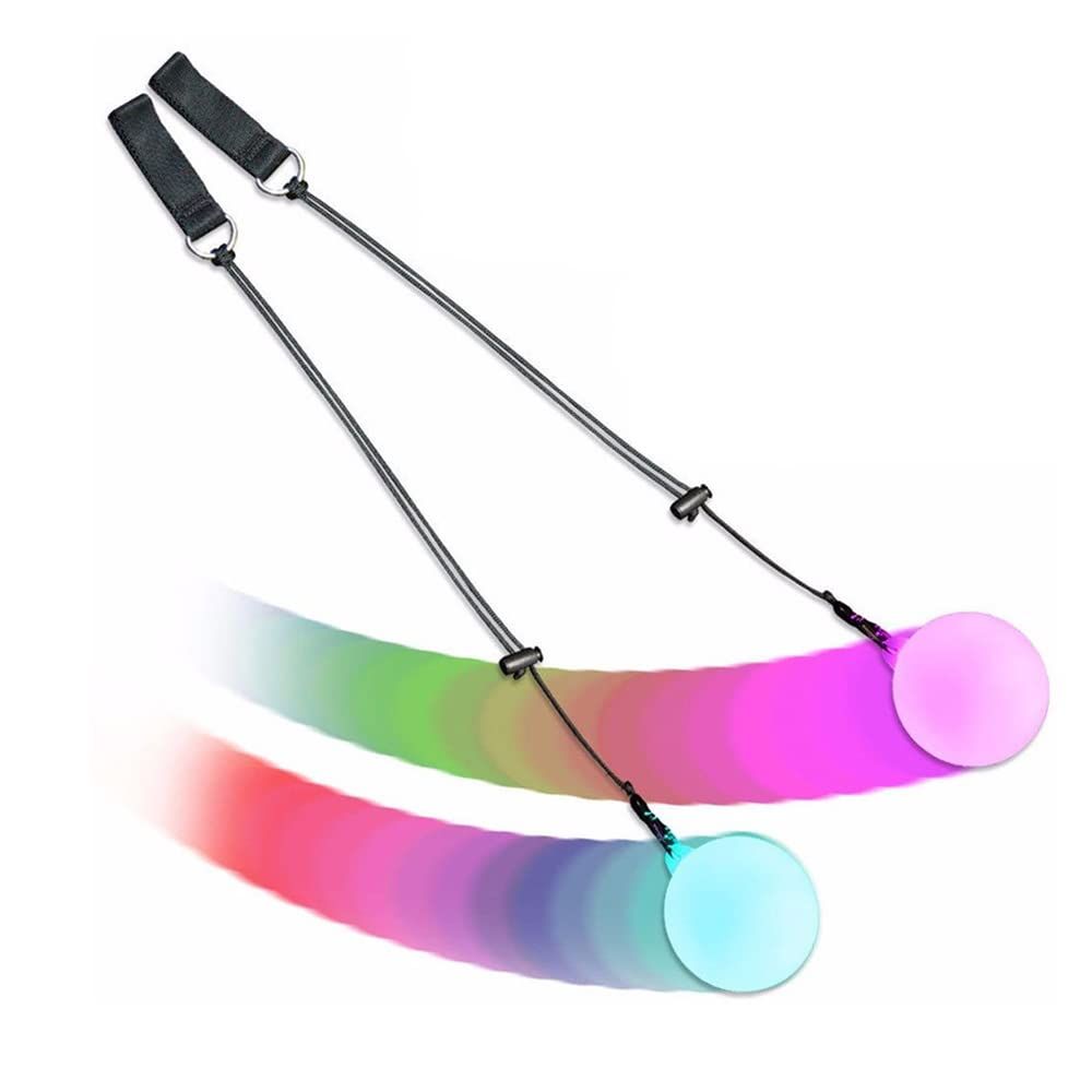 Two soft spinning glow poi balls with rainbow fade and high strobe LED lights, designed for kids and professional performers.