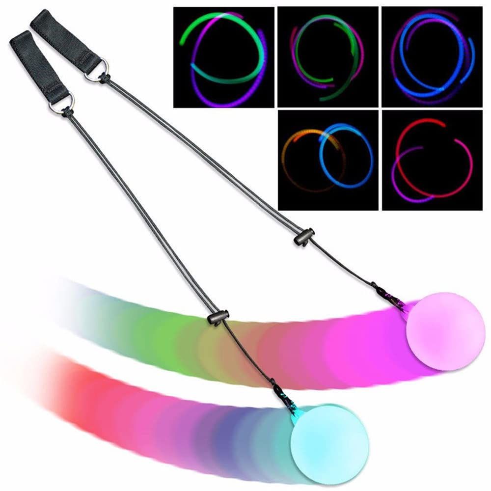 Bright glow LED spinning poi balls for kids and beginners, featuring rainbow fade and high strobe light effects.