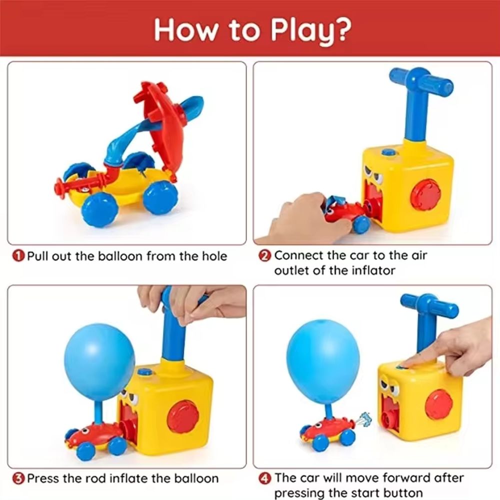 Inflatable balloon racing car toy with pump from Everything Baby, suitable for pretend play and party fun for kids.