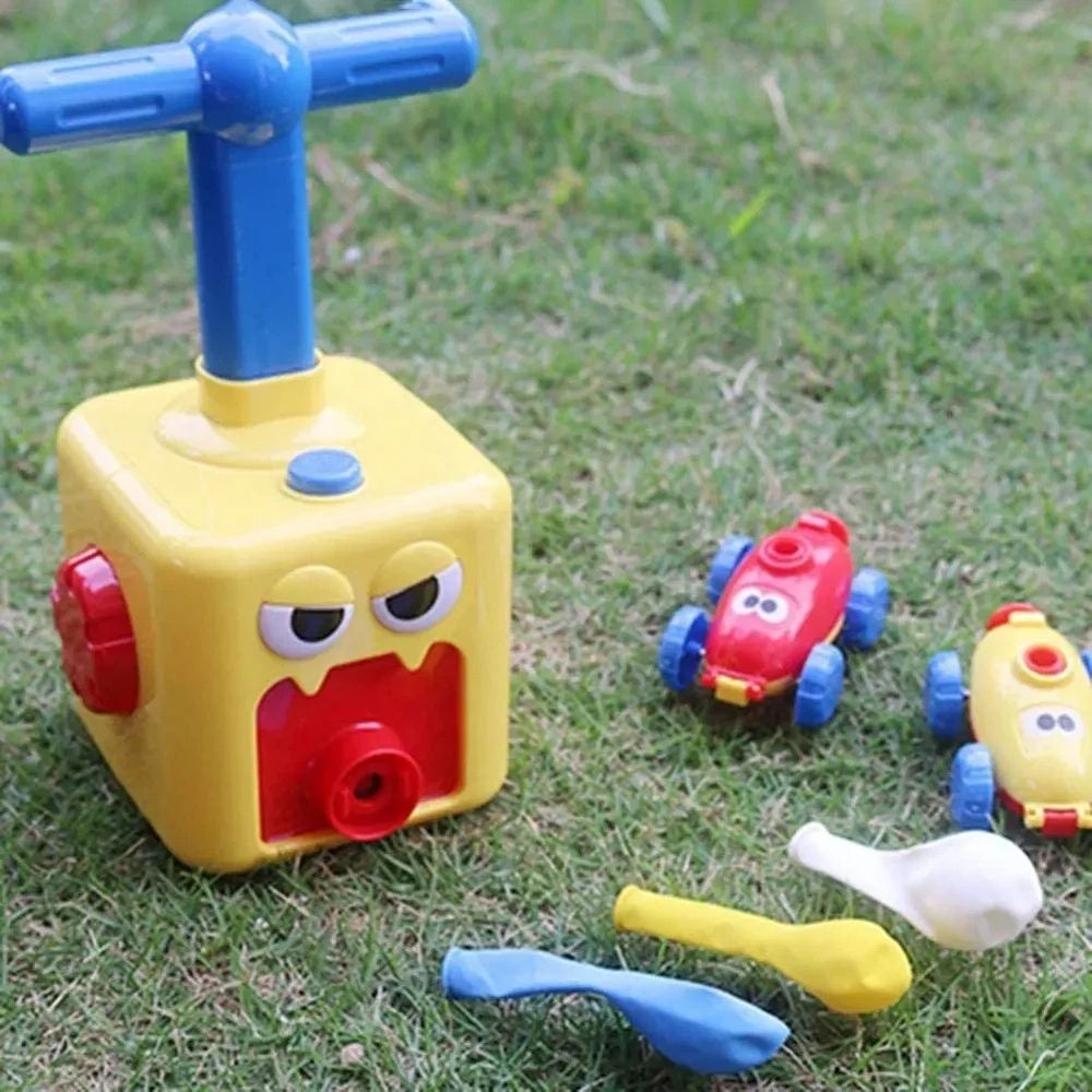 Colorful inflatable balloon racing car toy with pump, part of the balloon toy set for kids, designed for pretend play and party fun.