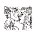 Black and white abstract sketch art kiss lovers tapestry, wall hanging featuring line art of a couple kissing for home decor.