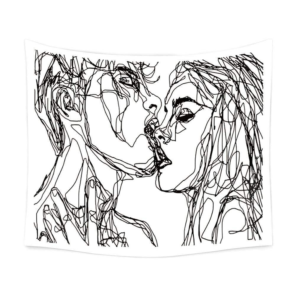 Black and white abstract sketch art kiss lovers tapestry, wall hanging featuring line art of a couple kissing for home decor.