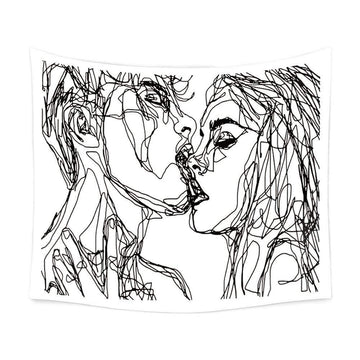 Black and white abstract sketch art kiss lovers tapestry, wall hanging featuring line art of a couple kissing for home decor.