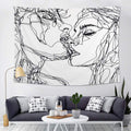 Black and white abstract sketch art kiss lovers tapestry featuring line art design, perfect for wall decor in a modern home.