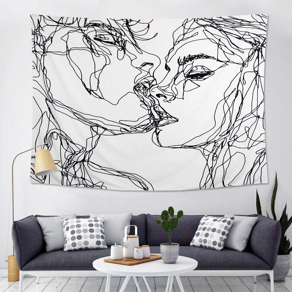 Black and white abstract sketch art kiss lovers tapestry featuring line art design, perfect for wall decor in a modern home.