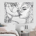 Black and white abstract sketch art kiss lovers tapestry featuring line art, perfect as a wall hanging for modern home decor.