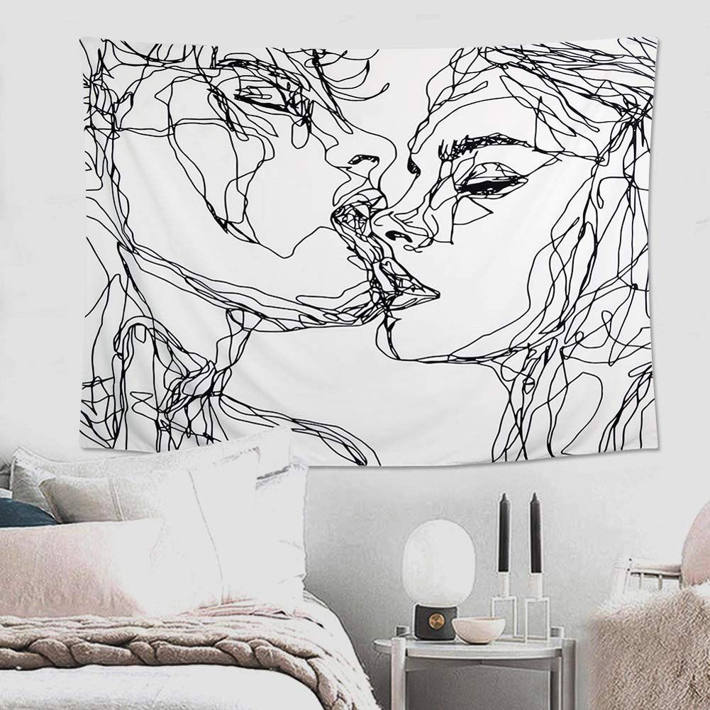 Black and white abstract sketch art kiss lovers tapestry featuring line art, perfect as a wall hanging for modern home decor.