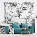Black and white abstract sketch art kiss lovers tapestry featuring line art, perfect for wall decor in baby and kids' rooms.
