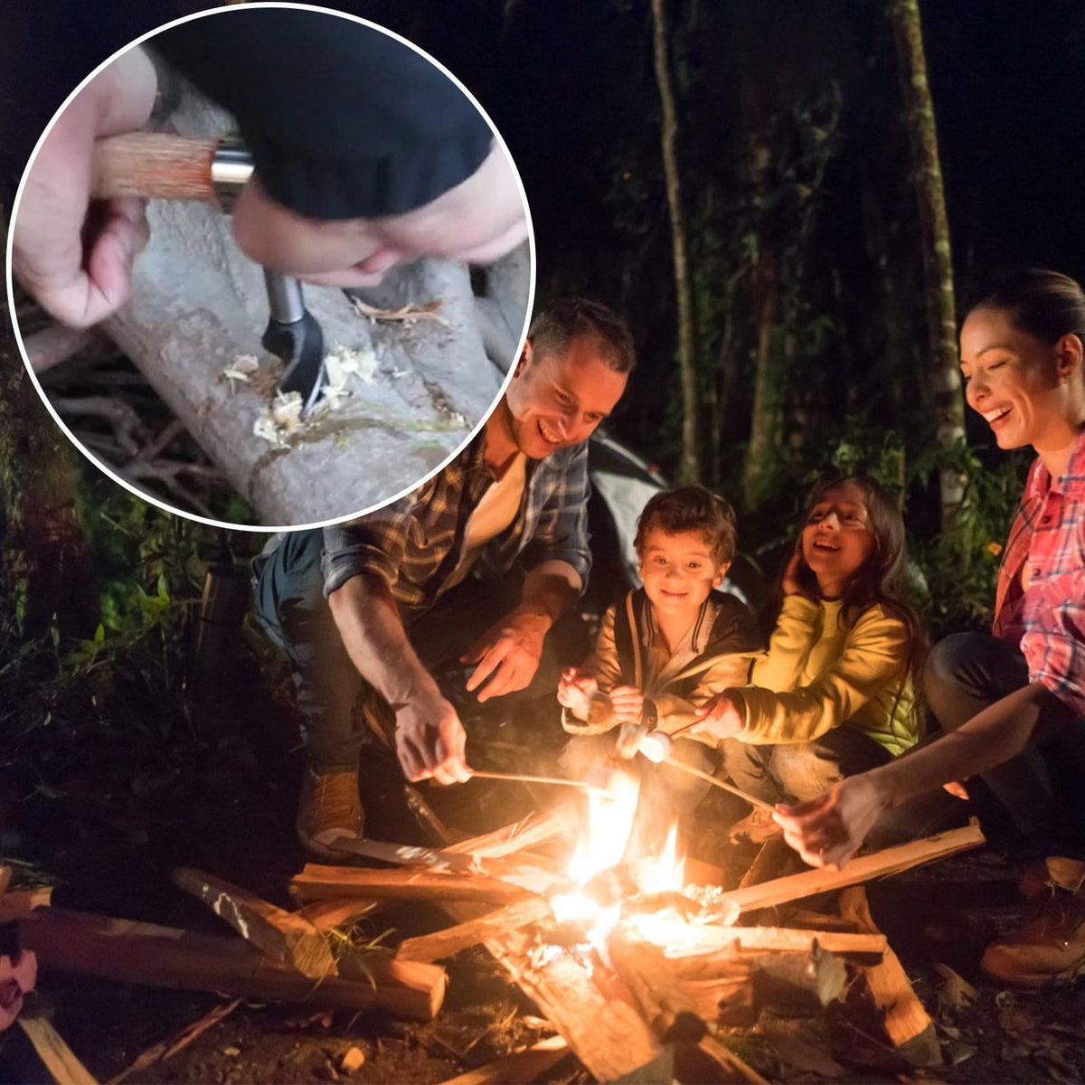 Child playing outdoors with survival tools set including wrench and wood auger drill bit, designed for camping and bushcraft activities.