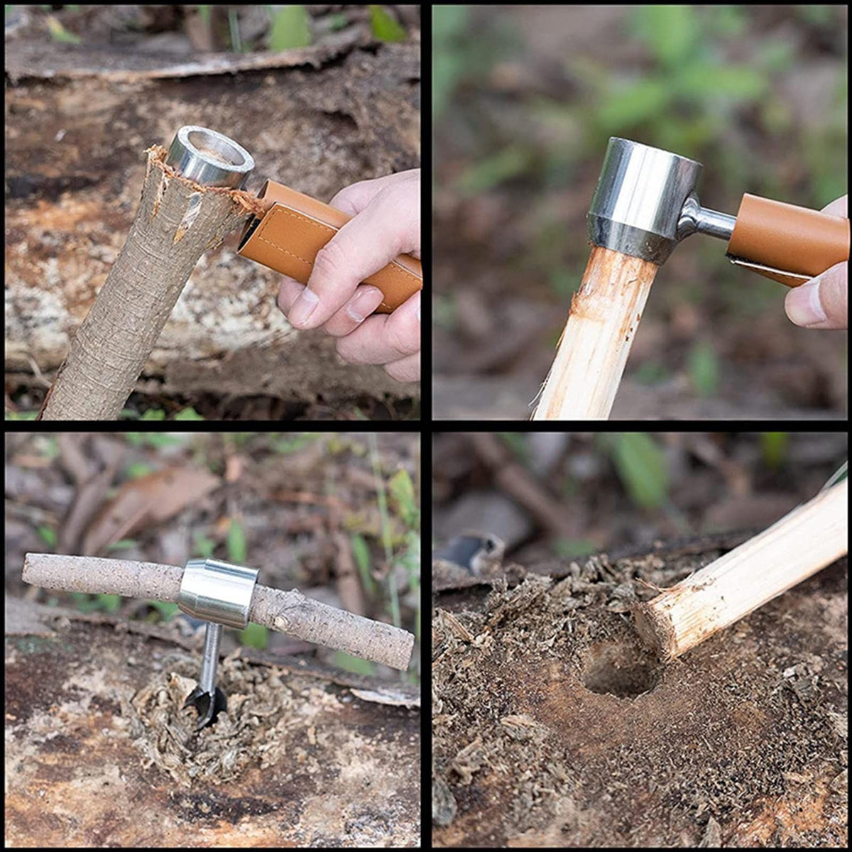Wooden bushcraft wrench and auger drill bit set, outdoor survival tools for camping and bushcraft, suitable for kids' outdoor play.