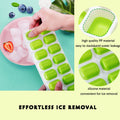 Silicone 14-grid ice cube tray with lid for making ice cubes, ice cream, or cocktails, featuring soft bottom and flexible design.