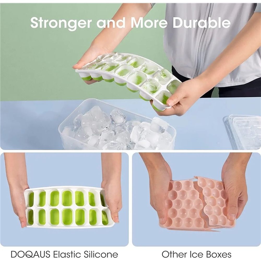 Silicone ice tray mold with 14 grids, soft bottom, lid, used for making ice cubes, ice cream, cocktails, and coffee.
