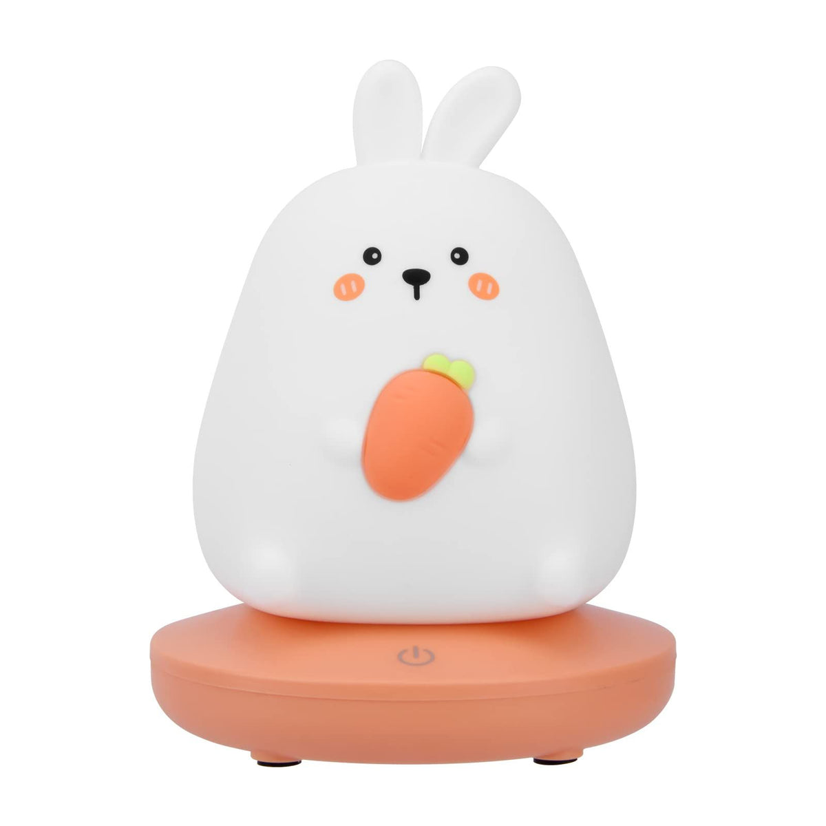 Cute carrot-shaped rabbit LED night light for children, made of silicone, adjustable brightness, perfect for kids' rooms.