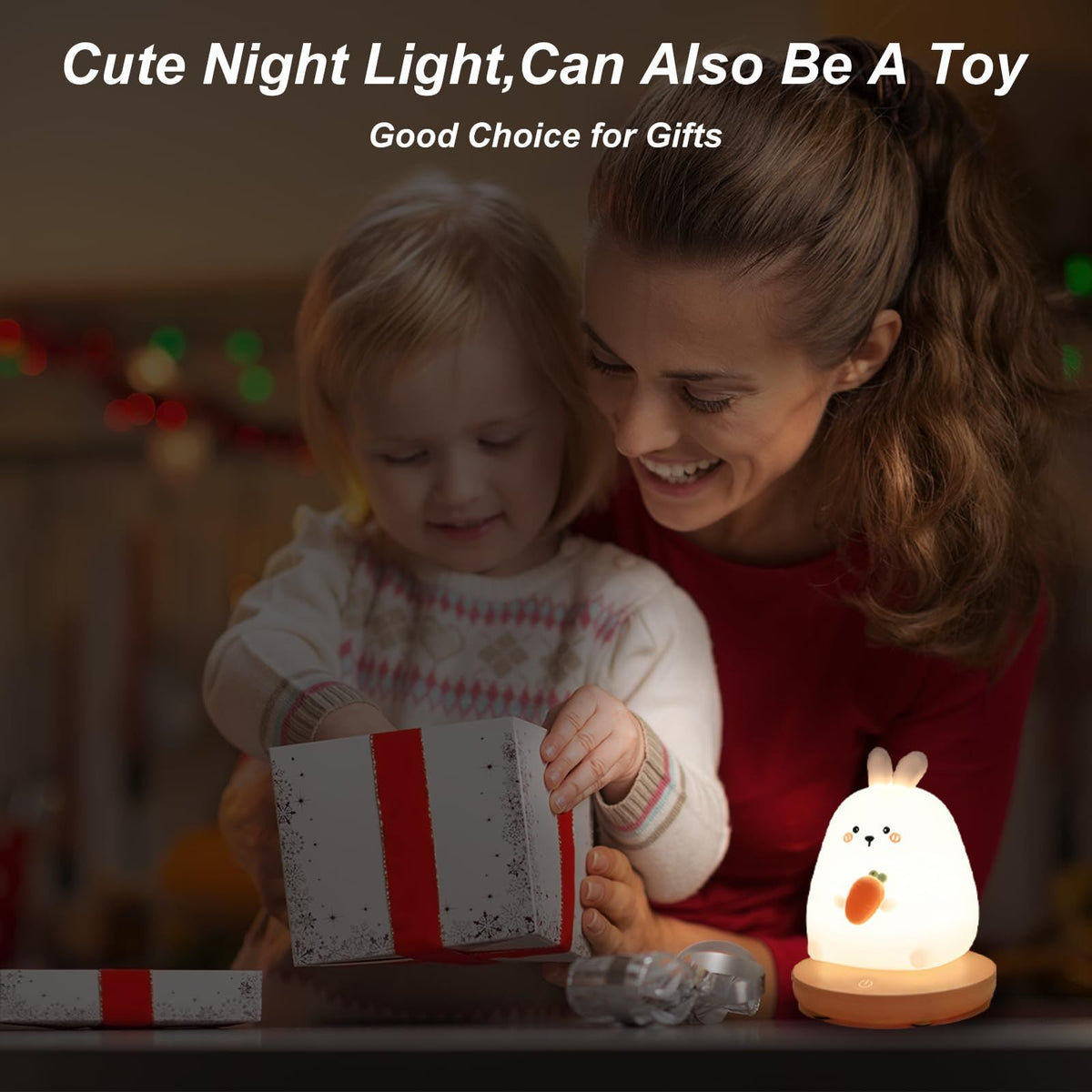 Cute carrot-shaped rabbit LED night light for children, made of silicone, adjustable brightness, ideal for kids' rooms.