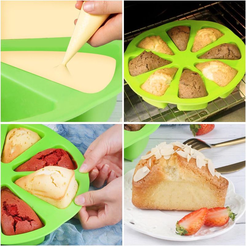 Silicone scone pan with triangle-shaped molds for baking mini scones, non-stick, ideal for baking and feeding preparations.