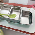 Blue stainless steel double-layer bento box for kids, portable lunch container with compartments for nursing and feeding.