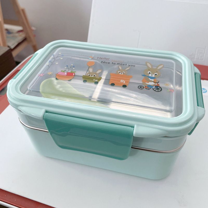 Blue stainless steel double-layer bento box for kids, portable food container with compartments for lunch or snacks.
