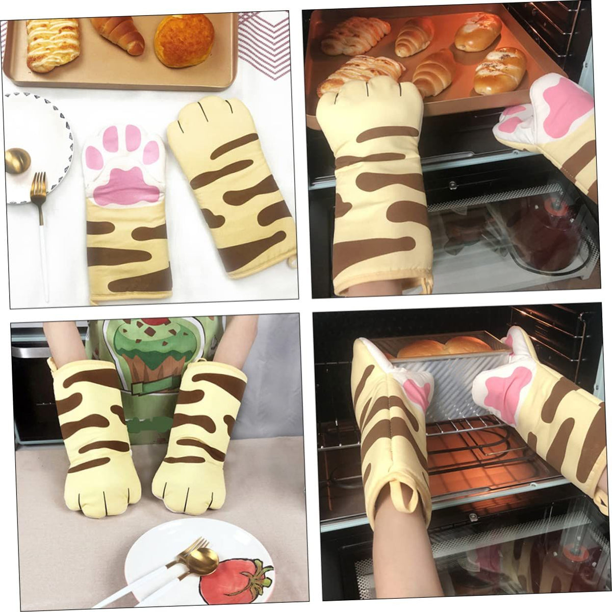 Pair of colorful cat's claw oven mitts from Everything Baby, cute double oven gloves for baking and kitchen use.