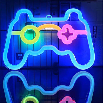 Neon game controller sign for gamer room decor, LED lights ideal for boys' bedrooms, perfect as teen gaming gift.