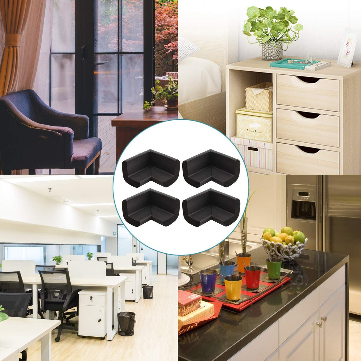 Black 4-piece corner protector set from Everything Baby, child safety bumper guards for furniture and fireplace edges.