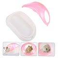 Hamster dust bath with large shrimp dish, plastic basking platform, and sand container for small pet pretend play activities.
