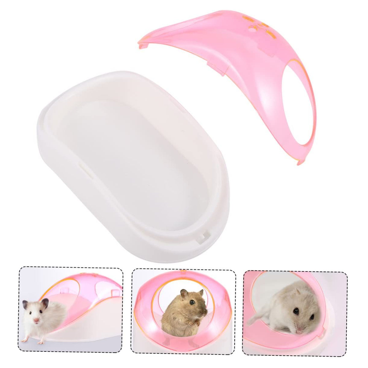 Hamster dust bath with large shrimp dish, plastic basking platform, and sand container for small pet pretend play activities.