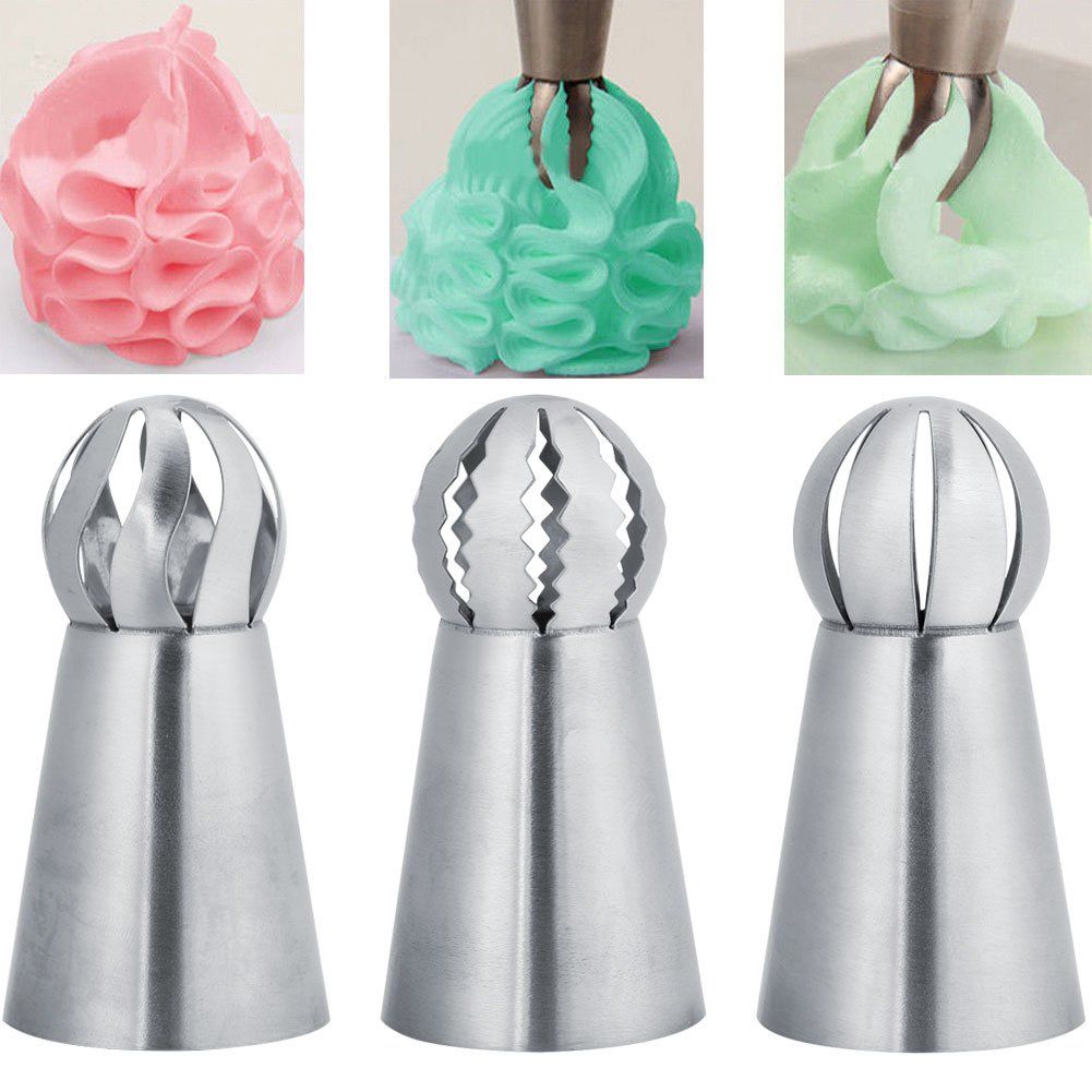 Set of three Russian piping tips for cake and cupcake decorating, featuring flower designs for baking and frosting projects.