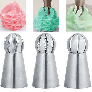 Set of three Russian piping tips for cake and cupcake decorating, featuring flower designs for baking and frosting projects.
